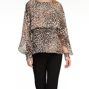 DKNY Leopard-Print Cape-Sleeve Blouse - Brown/Black/Cream